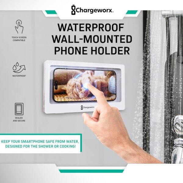 CHARGEWORX Portable Waterproof Shower Phone Holder, Wall-Mountable Smartphone Holder for Bathroom or Kitchen, Touchscreen-Enabled, Anti-Fog Design, Universally Compatible - Image 2