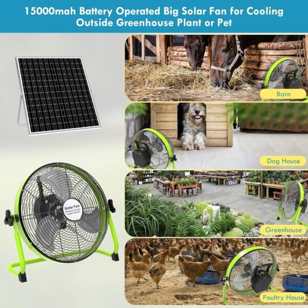 xingruyu 14 Inch Rechargeable Solar Powered Fan with Solar Panel Powered and AC Charger Dual Input, Solar fan for Household Camping Fishing Outdoors 360° Tilt, Portable Rechargable Fan - Image 7