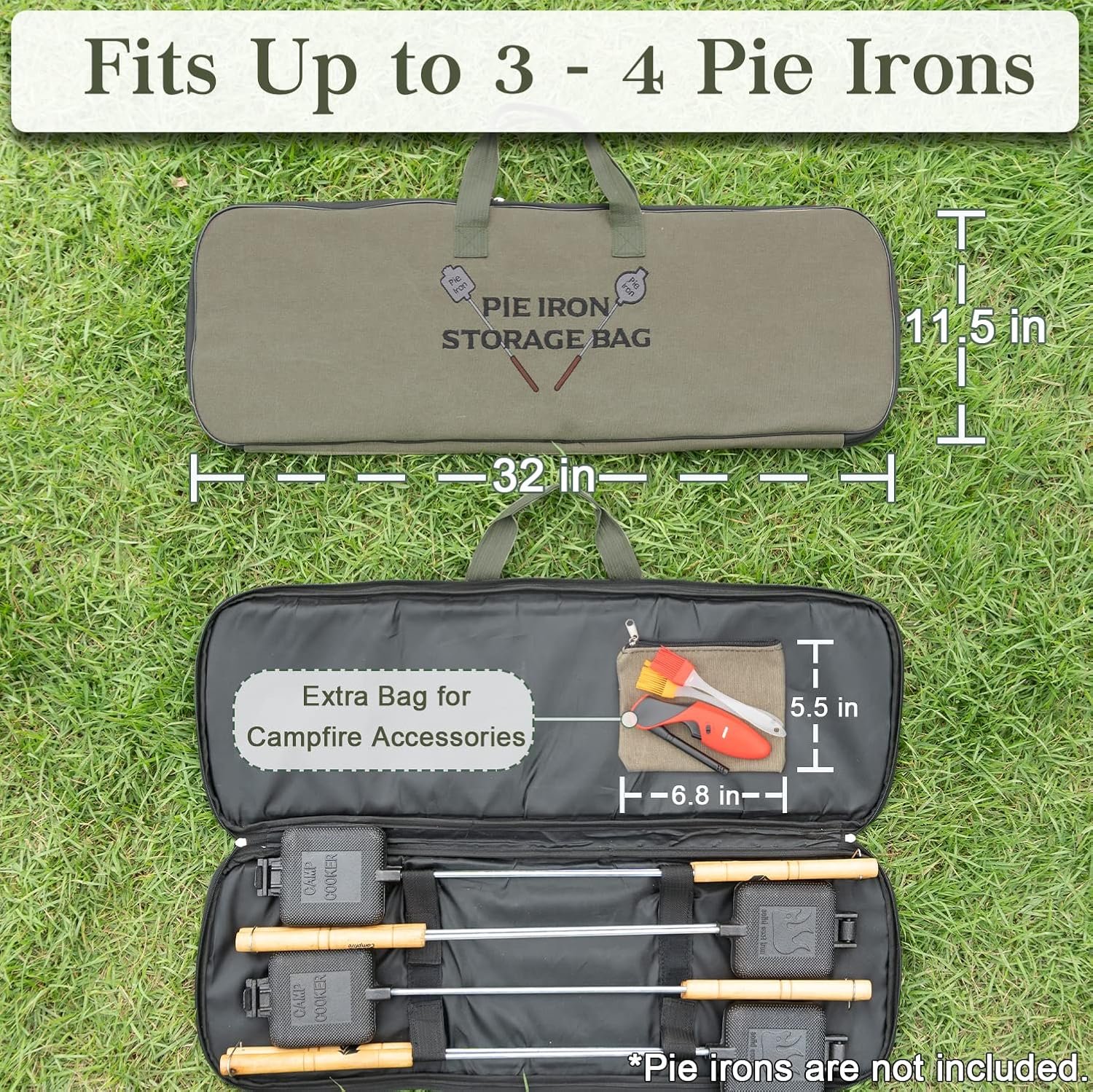 Deluxe Pie Iron Bag for Mountain Pie Maker Cast Iron Storage Fits up to 4, Heavy Duty Padding with Extra Pocket for Campfire Accessories, Strong Straps to Secure, Camping Storage Bag 32×12in - Image 3