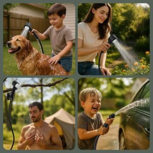 Portable Shower for Camping, Powerful 10L/Min Water Flow, Rechargeable Shower Pump with Bath Sponge, 4 Spray Modes, IPX8 Waterproof, 7800mAh Battery, Ideal for Hiking, Travel, Car Wash, Pet