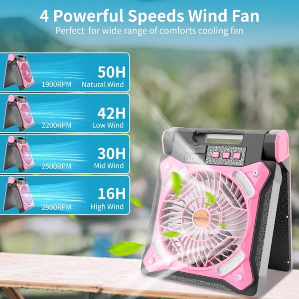 Solar Fan Battery Powered Rechargeable Solar Camping Fan with Led Lantern & Power Bank Foldable Angle USB Personal Fans for Travel Outdoor Camping Tents X98 Pink - Image 3