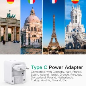 European Travel Plug Adapter, Foldable International Power Plug Adapter with 2 AC Outlets 3 USB Charging Ports(2 USB C), Type C Plug Adapter Travel Essentials, 1 Pack