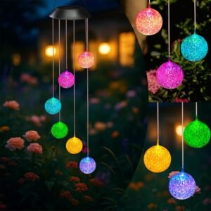 Solar Powered Crystal Ball Wind Chime with 7 Color Changing LED Lights, 21.3″ Waterproof Outdoor Hanging Decorations, Solar Powered Garden Decorations for Patio, Balcony, Birthday, Thanksgiving Gift