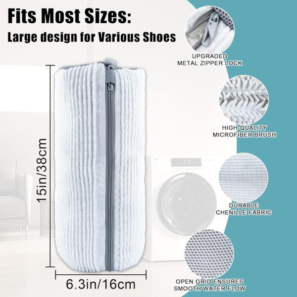 XXL Shoe Washing Machine Bag - 2 Reusable 360° Deep Clean Shoe Washing Bag for Washer and Dryer, Durable Zipper Laundry Shoe Bag Kit Include Laundry Bag for Delicates/Bra Laundry Bags (White) - Image 6