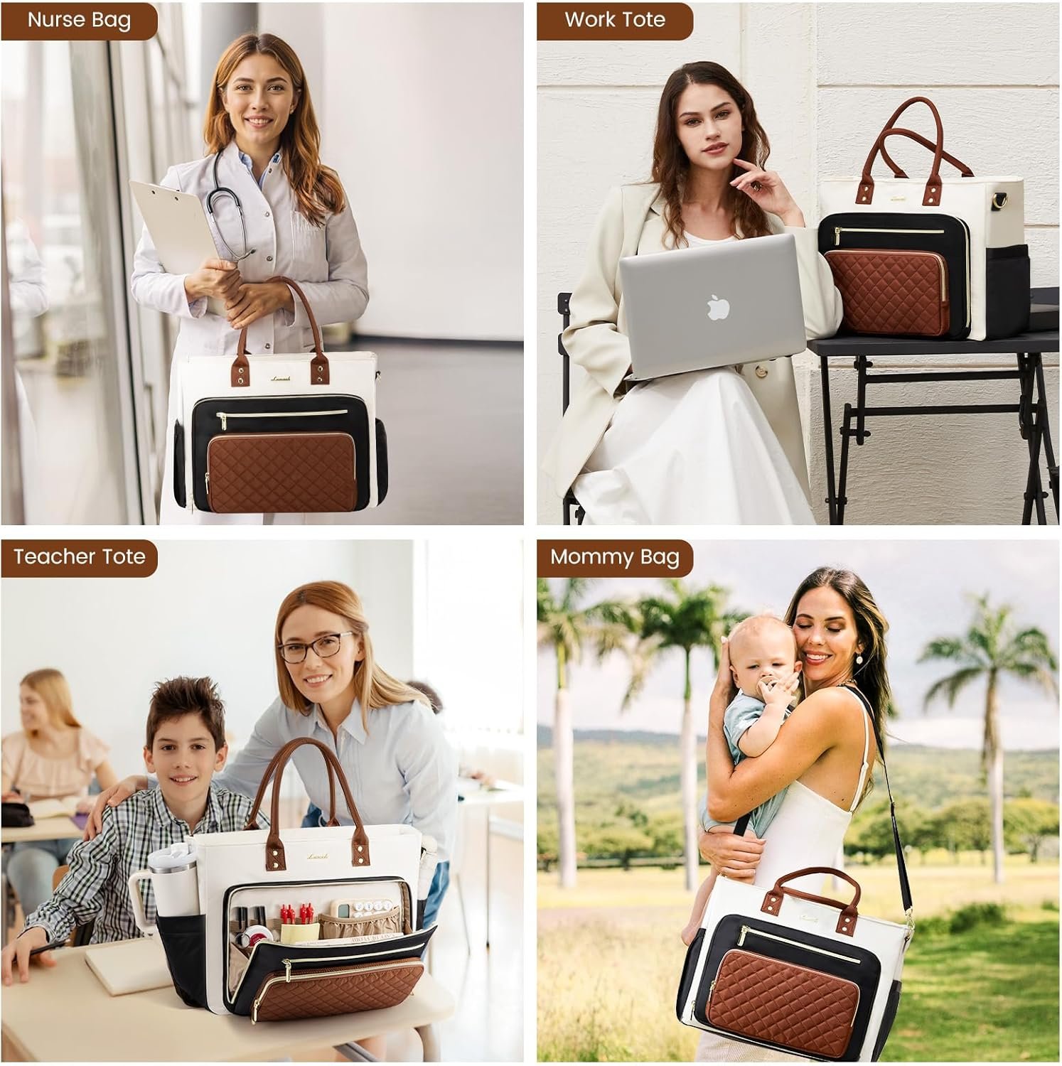 LOVEVOOK Teacher Tote Bag for Women Work, Laptop Bag With Large Cup Holder, Nurse Bags Professional Briefcase Business Computer Purses Handbag, Black-Beige-Brown, 15.6 Inch - Image 6