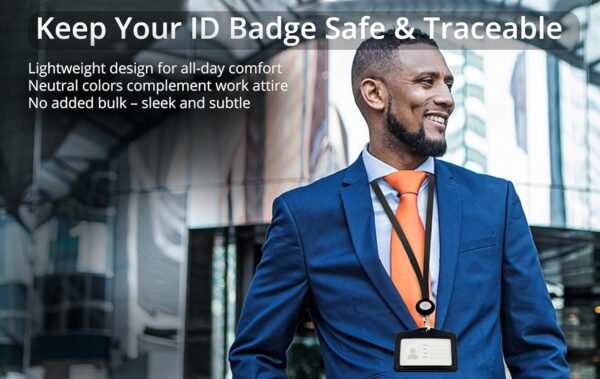 Lanyard for Id Badge Reel with AirTag Holder – Apple AirTag Compatible Plastic ID Badge Tracker for Safety – Easy Access, Secure & Stylish Double Sided ID Badge – Black - Image 3