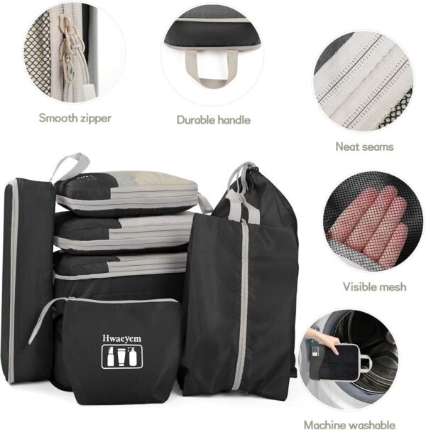 Compression Packing Cubes 8 Set, Dual Zipper Compression Packing Cubes for Travel, See-Through Mesh Packing Bags for Suitcases, packing cubes with shoe bag (Black) - Image 7
