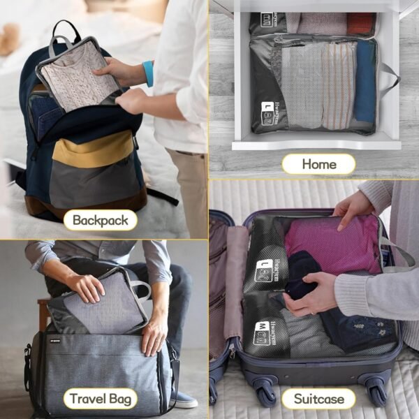 Compression Packing Cubes 8 Set, Dual Zipper Compression Packing Cubes for Travel, See-Through Mesh Packing Bags for Suitcases, packing cubes with shoe bag (Black) - Image 8