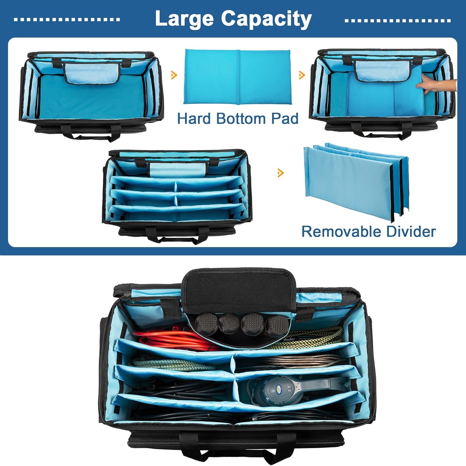 Large Rolling DJ Cable Bag, Padded Gig Bag with Detachable Trolley & Divider, Music Gear Case with Multi Pockets for 15.6" Laptop, DJ Gear, Musical Instrument, Sound Equipment Storage - Image 2