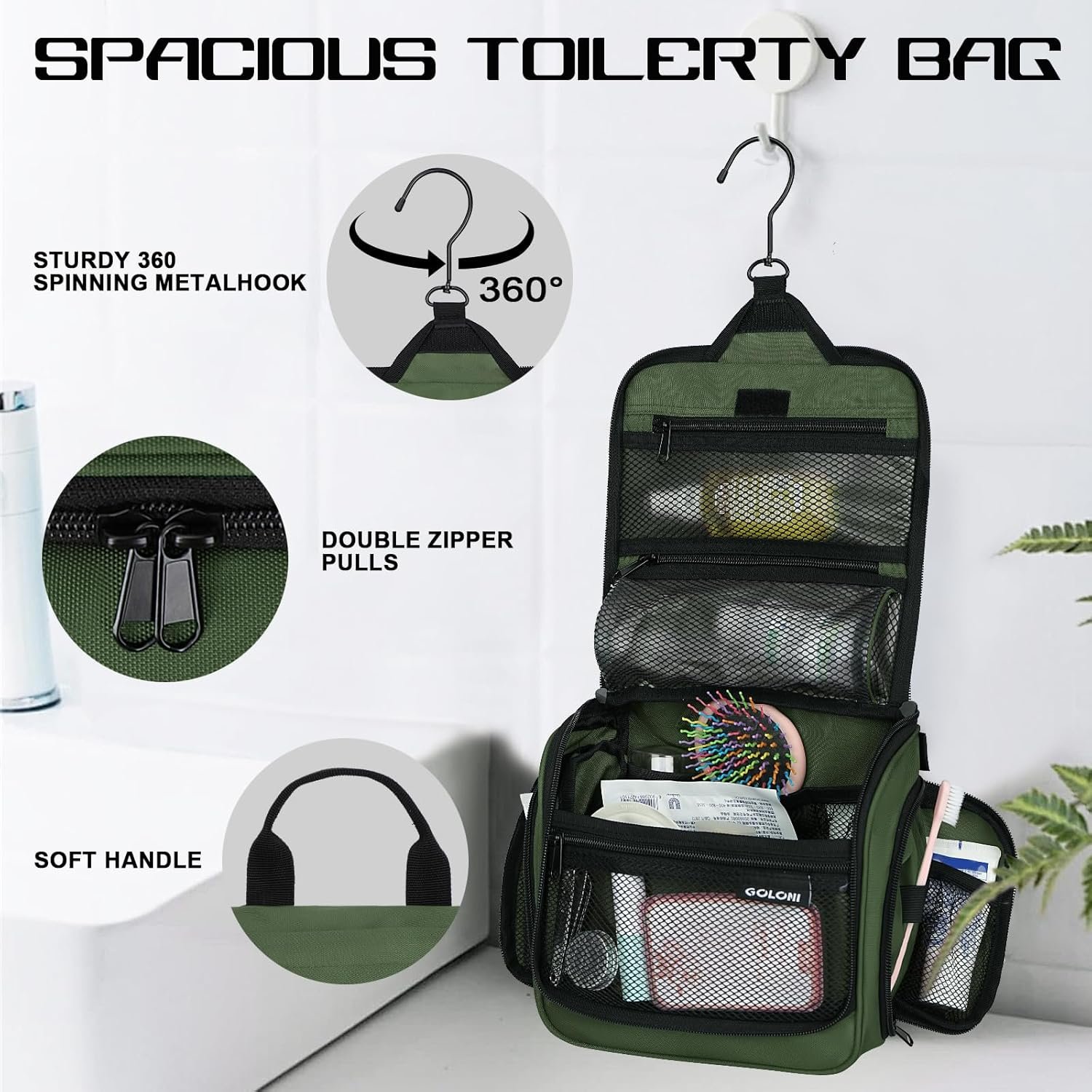 Goloni 10-Compartment Hanging Travel Toiletry Bag for Men & Women - Large Makeup & Toiletries Organizer with Smooth Zippers,XXL Swivel Metal Hook - Perfect for Travel, Camping, and Daily Use - Image 4