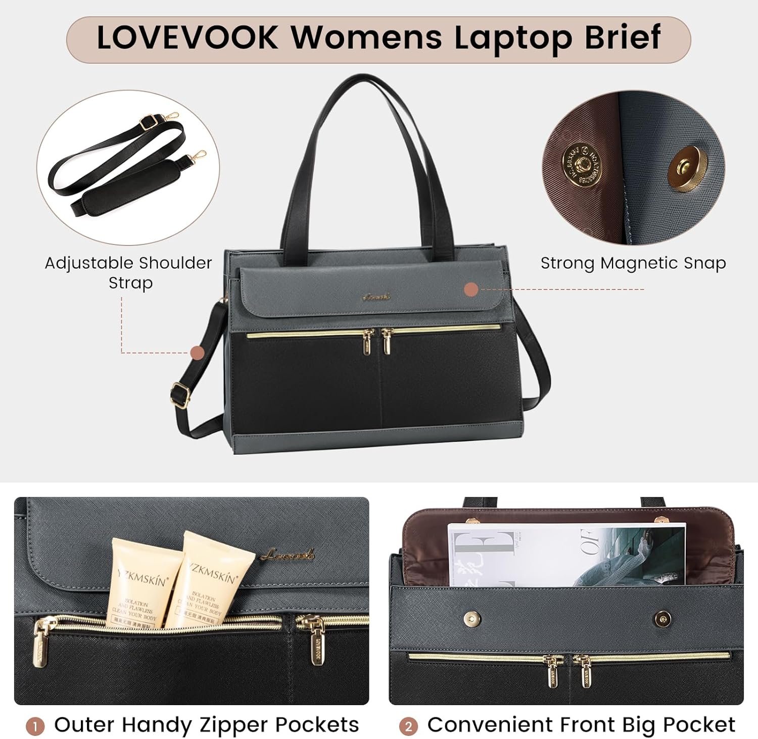 LOVEVOOK Laptop Tote for Women - 15.6 Inch Professional Leather Computer Briefcase - Waterproof Shoulder Bag - Large Capacity Business Teacher Office Bag - Crossbody Purse - Image 5