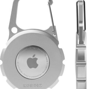 Airtag Holder Carabiner – Airtag keychain Case with Aluminum Frame and Full Grain Leather Cover for Apple Airtags – Protective Cover Accessories (Silver)