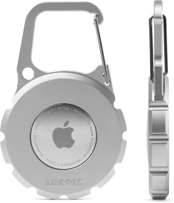 Airtag Holder Carabiner - Airtag keychain Case with Aluminum Frame and Full Grain Leather Cover for Apple Airtags - Protective Cover Accessories (Silver)