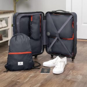 Large Compression Packing Cubes 6 Piece Set for Travel with Lightweight Laundry Bag/Drawstring Backpack for Carry-On Suitcase (Grey/Orange)