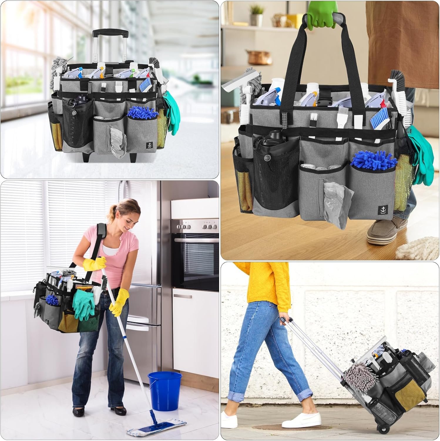 Extra large Rolling Cleaning caddy bag with Detachable, Foldable Trolley Portable Cleaning Cart for Housekeeping Cleaning caddy with Adjustable Shoulder Strap and Multiple Storage Pockets - Image 2