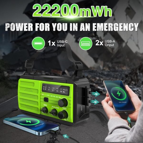 Emergency Radio 22200mWh Solar Hand Crank Emergency Radio: AM/FM/NOAA Weather Radio with Phone Charger, Flashlight & Reading Lamp, Headphone Jack, SOS Alarm for Home Survival Hurricane - Image 5
