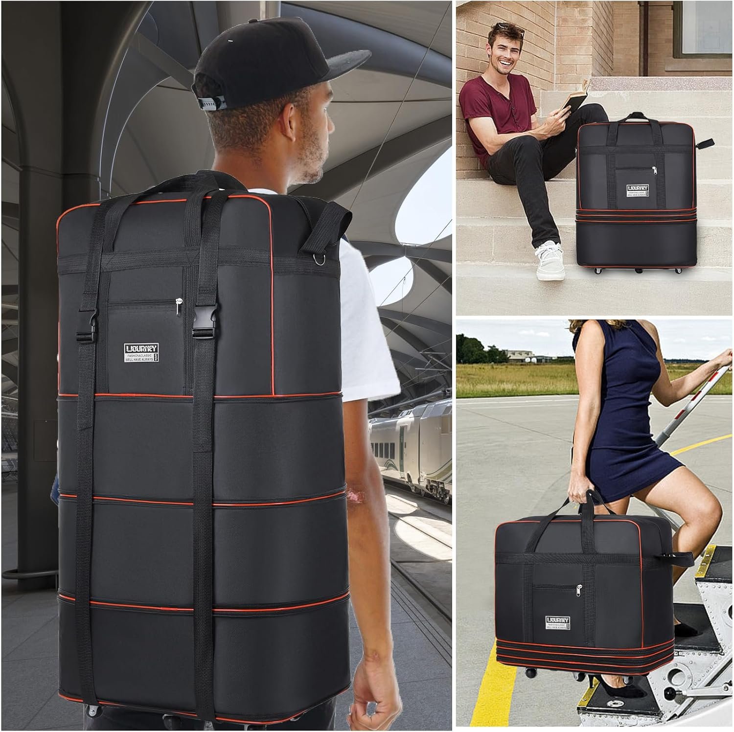 Expandable Large Capacity Travel Bag Oxford Cloth Duffel Bag with Wheels Lightweight Waterproof Travel Foldable Suitcase(Black) - Image 2