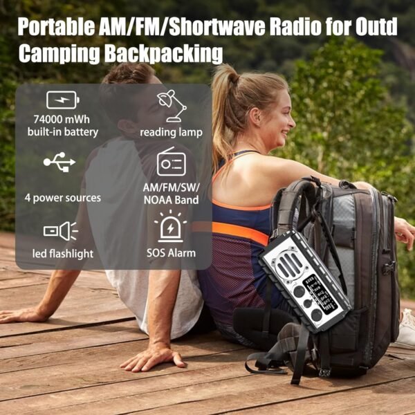 Emergency Radio, 20000mAh/74000mWh Weather Radio, Solar Hand Crank Radio with AM/FM/NOAA/SW Weather,Flashlight & Reading Lamp, SOS Alarm, Phone Charger for Indoor Outdoor Emergency - Image 6