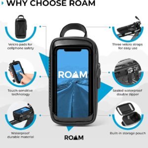 Roam Bike Universal Phone Holder + Waterproof Zipper Storage Case – Fits Smartphones Up To 4″ x 7″ – Velcro Strap Mounts To Bicycle Frame – Full Touchscreen Capabilities – Black
