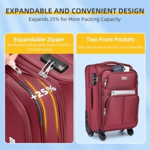 LARVENDER Softside Luggage Sets 3 Piece, Expandable Carry on Luggage 22x14x9 Airline Approved with TSA Lock Spinner Wheels, Lightweight Rolling Suitcase for Men and Women, Wine Red