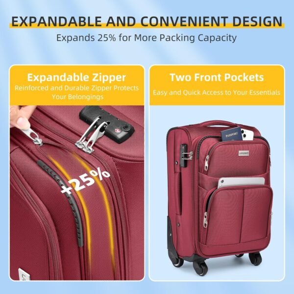 LARVENDER Softside Luggage Sets 3 Piece, Expandable Carry on Luggage 22x14x9 Airline Approved with TSA Lock Spinner Wheels, Lightweight Rolling Suitcase for Men and Women, Wine Red - Image 2