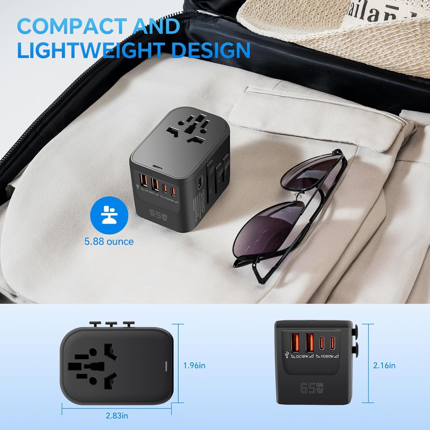 MINGTONG Universal Travel Adapter, GaN 65W International Plug Adapter, 3 PD USB-C & 2 QC USB-A Fast Charging Ports, Worldwide Power Adaptor Wall Charger for EU US UK AUS 200+ Countires - Image 6