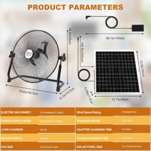 14 Inch Solar Powered Floor Fan Rechargeable,15000mAh Battery Portable Cordless Fan with Solar Panel AC Charger,12 Speeds Blades Table Fan for Outdoor, Camping, Travel, Garage, BBQ, Fishing (Black)
