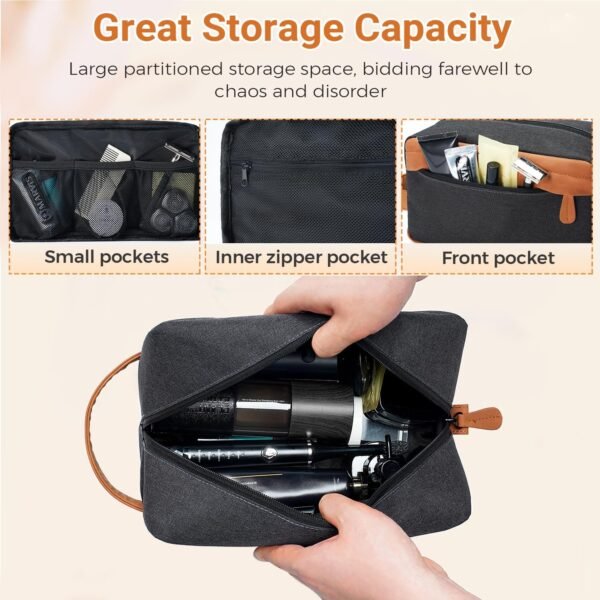 Travel Toiletry Bag for Men Hanging Dopp Kit Water Repellent PU Leather Shaving Bag with Large Capacity for Travel and Bathroom, Black - Image 3