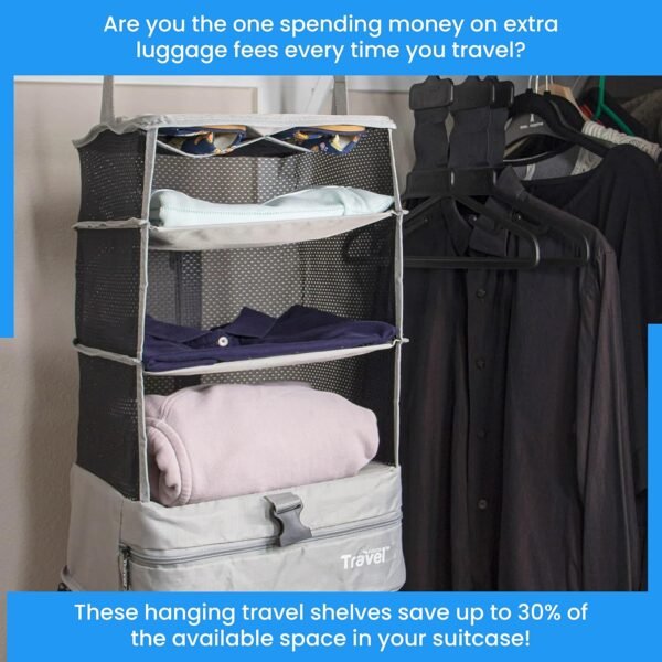 Stow-N-Go Portable Hanging Travel Shelves, Packing Organizer for Luggage. Carry on Closet with Hanger for Clothes. Expandable Packing Cube. Travel Essentials, Light Gray - L - Image 7