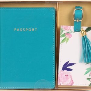 Luggage Tag with Passport Holder Cover for Women Gift Set | Synthetic Vegan PU Leather Wallet Travel Accessories | Cruise Essentials (Blue Floral)