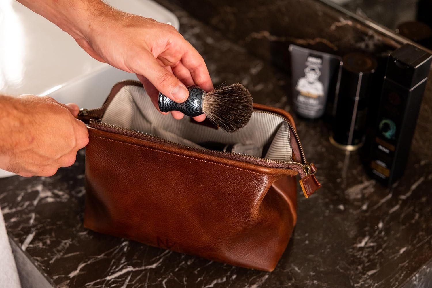 NV Holders Premium Genuine Leather Toiletry Bag for Men - The Ultimate Travel Dopp Kit and Hygiene Organizer, Perfect Men's Toiletry Travel Bag (Brown) - Image 6