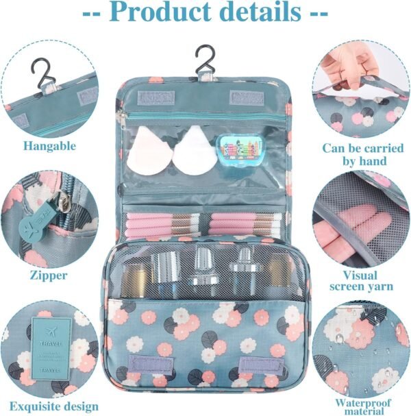 Pengxiaomei Toiletry Bag, Waterproof Hanging Cosmetic Bag Portable Travel Makeup Pouch Multifunction Handle Travel Toiletry Bag Organizer with Hook for Women Girls(Blue) - Image 3