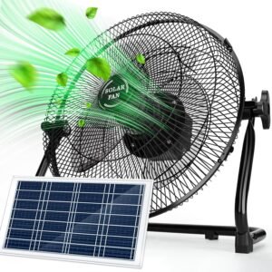 12” Solar Powered Fan with 20W Solar Panel, Portable Battery Operated Cordless Outdoor Floor Fan for Camping, Home, Patio, Worksite – Stepless Speed, Metal Construction and Aluminum Blades