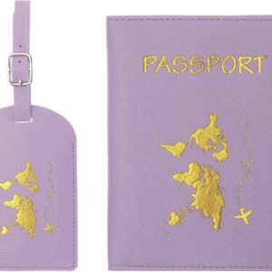 PATIKIL Passport Cover Holder and Luggage Tag Set, PU Leather Passport Case Holder Travel Tag Suitcase Identifier Travel Accessories for Men Women, Purple