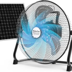 14 Inch Solar Powered Floor Fan Rechargeable,15000mAh Battery Portable Cordless Fan with Solar Panel AC Charger,12 Speeds Blades Table Fan for Outdoor, Camping, Travel, Garage, BBQ, Fishing (Black)
