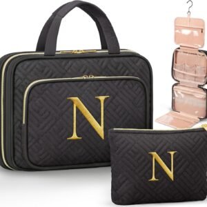 Personalized Gifts for Women, Initial Toiletry Bag Hanging Travel Organizer & Makeup Cosmetic Bag with Embroidery Letter Teacher Appreciation Gift Birthday Mothers Day Gifts for Mom Wife Friend Sister