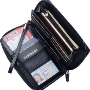 Travel Document Organizer RFID Blocking Leather Multiple Passport Wallet Family Holder Id Wrist Strap(Black)