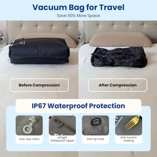 Vacuum Bags for Travel, IP67 Reusable Vacuum Seal Bags for Clothing with Electric Pump, Vacuum Seal Packing cube for Suitcases, Backpack & Travel (2PC+Pump) - Image 3