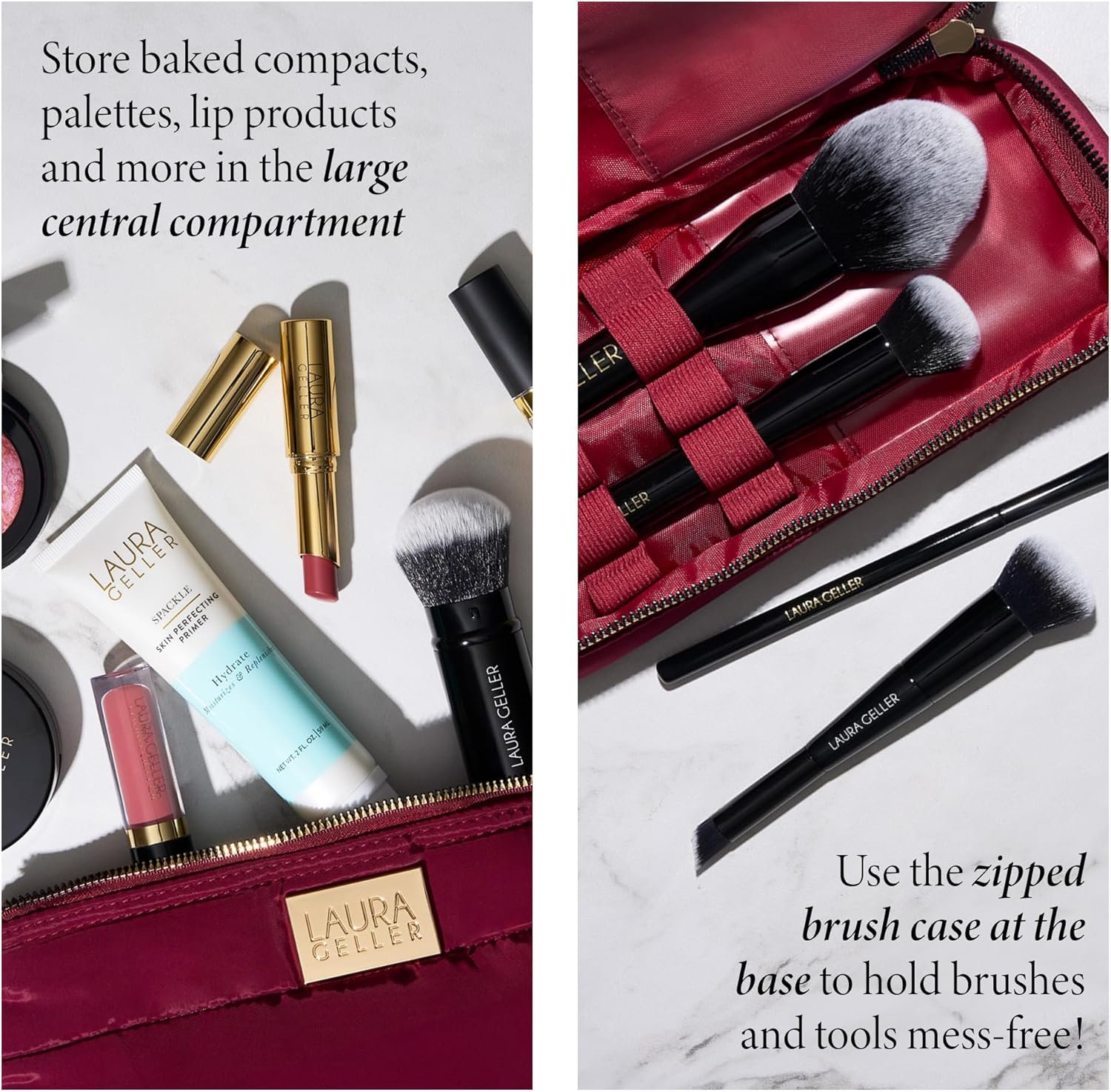 LAURA GELLER NEW YORK Quilted Makeup Bag with Brush Case, Burgundy - Toiletry Bag Organizer for Travel - Large Capacity Full Size Makeup Bag - Easy to Clean - Image 2