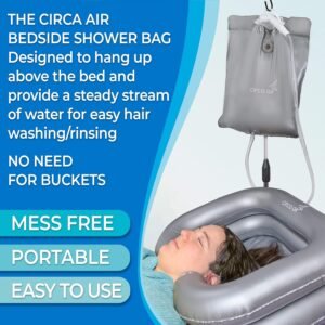CIRCA AIR Bedside Shower – 2.5 GL Silver Portable Water Shower Bag For Hair Washing In Bed. Use With Inflatable Hair Washing Basin, Shampoo Basin, Bathtub For Elderly
