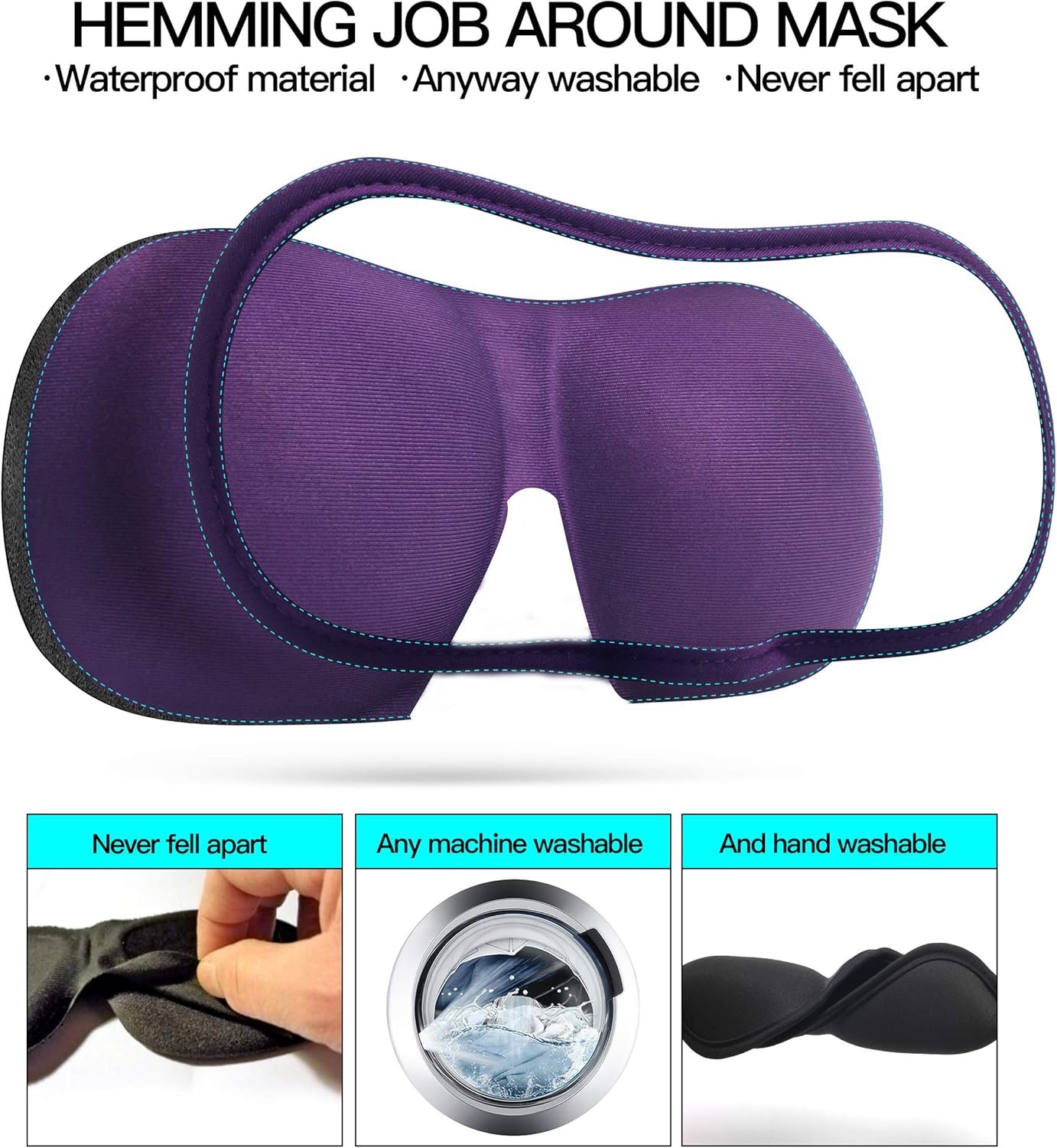 3D Eye mask for Sleeping,Machine Washable, Sleep Mask for Women, Blinder Blindfold Airplane (Black+Purple) - Image 4