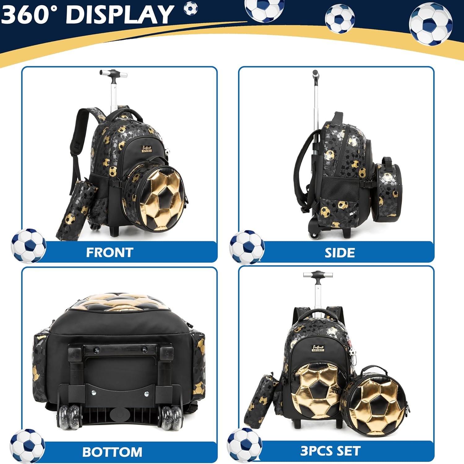 Kids Rolling Backpack Roller Backpack with Wheels Elementary Kindergarten School Students Football Trolley School Bag for School Boys - Image 3