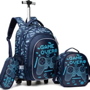 Meetbelify Boys Rolling Backpack with Wheels Kids Luggage for Elementary Students Trolley Trip Carry On Bag for Girls Boys 6-8