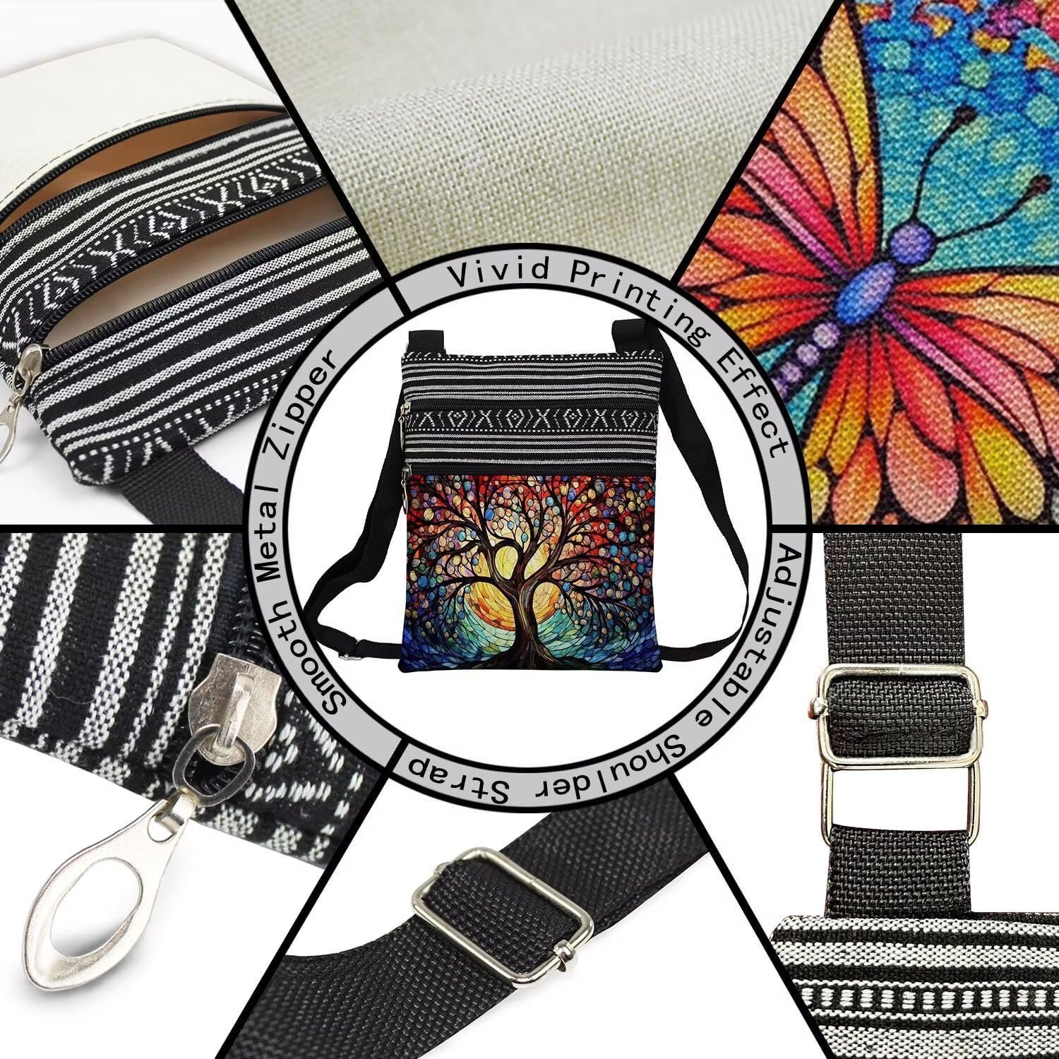 Stained Glass Pattern Crossbody Handbag with Zipper Butterfly World Tree Bee Aesthetic Present for Woman - Image 4