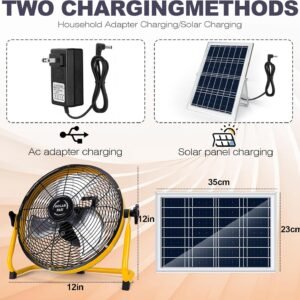 12″ Solar Powered Fan for Outdoor – 15000mAh Battery Powered Portable Camping Fan with 20W Solar Panel & AC Adapter Charging, Rechargeable Cordless Floor Fans for Home/Patio/Garage/Worksites