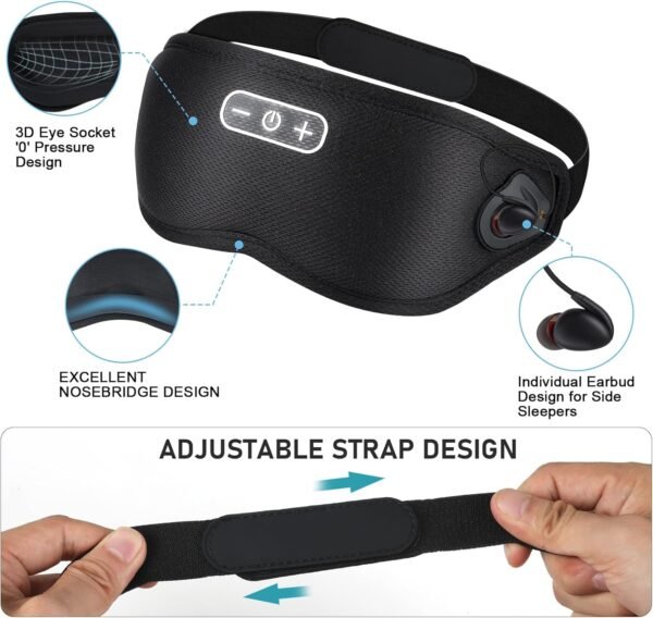 White Noise Sleep Mask, Breathable 3D Soft Eye Mask with Earplugs for Side Sleepers, Blackout 3D Contoured Eye Cover with Adjustable Strap for Women Men, no Bluetooth, no APP(Black) - Image 4