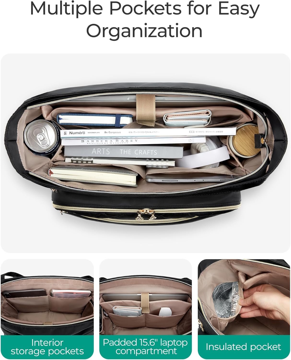 BAGSMART Teacher Tote Bag for Women 15.6in Quilted with Insulated Pocket & Nurse Bag Features (Black) - Image 2