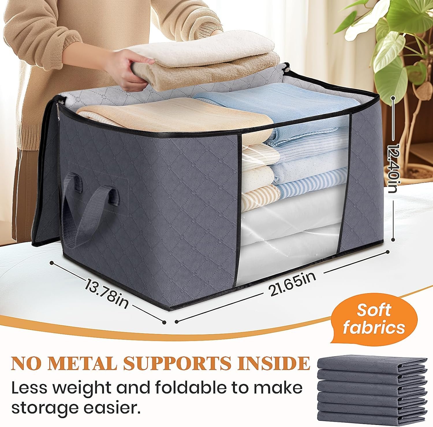 Fab totes 6 Pack Clothes Storage, Foldable Thick Fabric Blanket Storage Bags, Containers for Organizing Bedroom, Closet, Clothing, Comforter,Closet Organization with Handle,Grey - Image 2