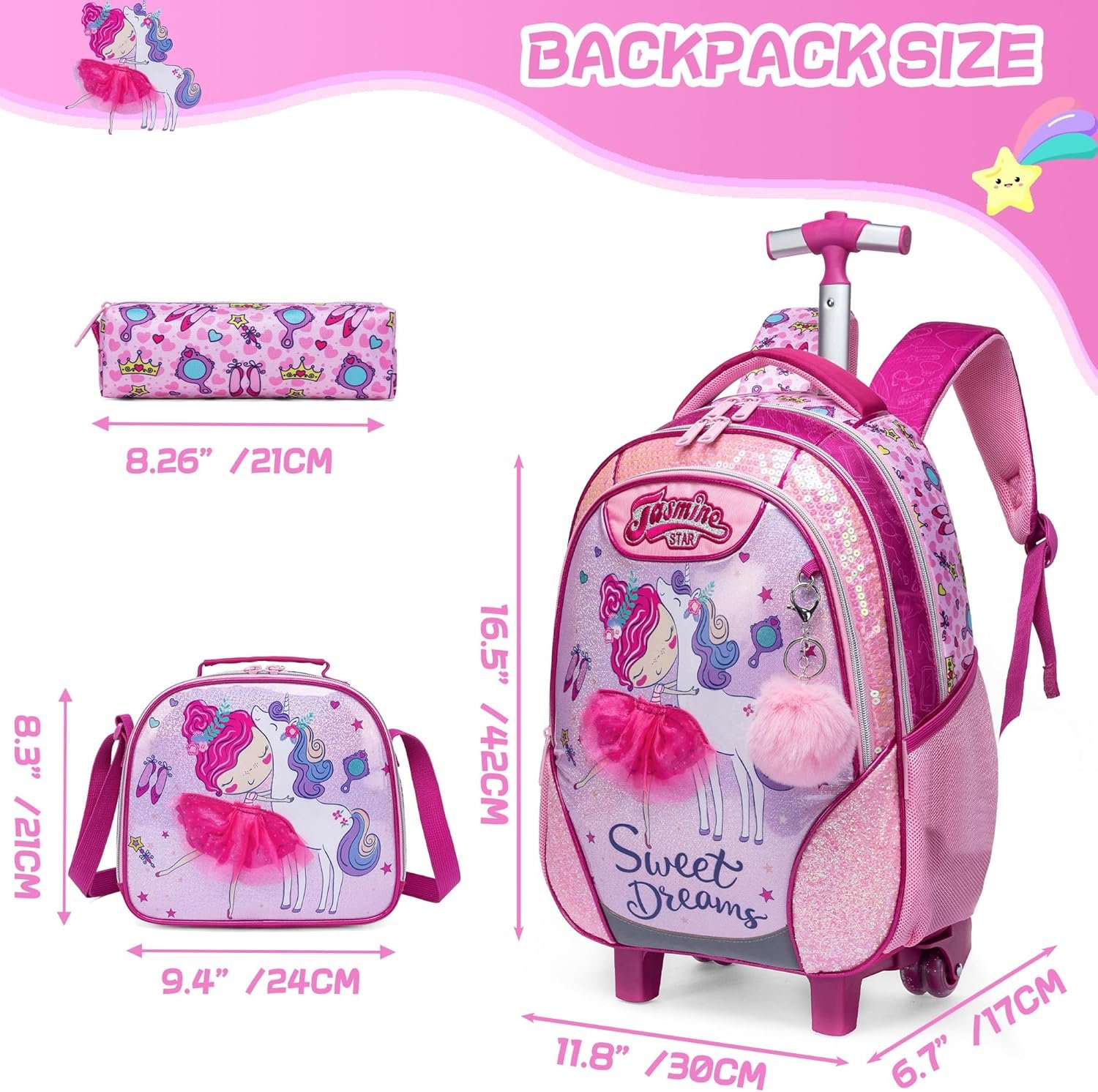 Girls Rolling Backpack Kids Trolley School Bag with Wheels Roller Backpacks for Girls 10-12 School Rolling Backpack for Kids with Lunch Box Pencil Case - Image 2