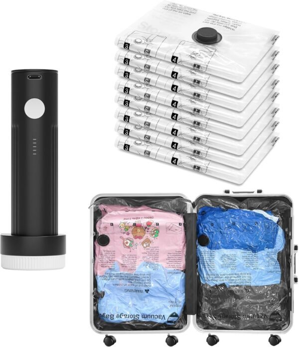 SUOCO Travel Vacuum Bags for Luggage with Portable Electric Pump, 8 Small Packing Seal Bags for Clothing Suitcase Backpack, Space Saver Compression Clothes Storage Bag